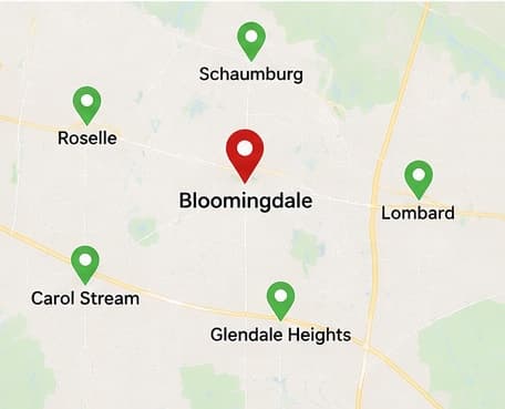 Map showing Fix4Less service area: Bloomingdale, Lombard, Glendale Heights, Carol Stream, Roselle, Schaumburg
